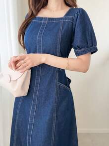 FRIFUL Women's Casual Daily Denim Dress With Back Knot Design - Blue - View 7