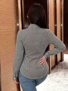 SHEIN 女款純色長袖裹身式襯衫，春秋女式襯衫 - 黑色 - 查看 2
