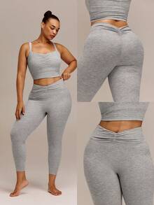 GLOWMODE 24'' Plus Size FeatherFit™-CloudBlend Ruched Waist Back Peakbum Invisible Butt Lifting Leggings Ballet Barre Studio Daily Casual - Light Grey - View 8