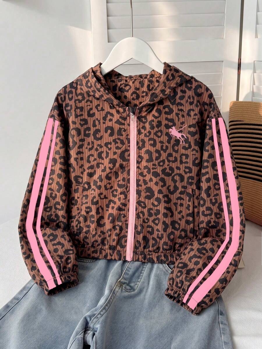 SHEIN 青少年女孩春秋休閒豹紋連帽夾克 - 棕色 - 查看 1