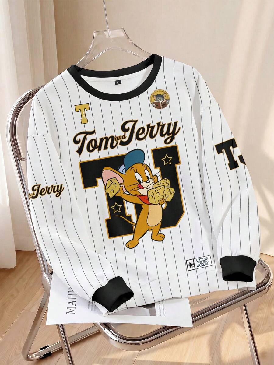 TOM & JERRY X SHEIN 大尺碼女款圓領條紋字母卡通圖案休閒日常長袖衛衣 - 白色 - 查看 1