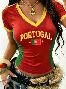 INAWLY Women's Y2K Portugal Print Crop Top, Retro "PORTUGAL" Graphic T-Shirt, Perfect For Summer Beach, Casual Streetwear & Vacation Outfits - Multicolor - View 4