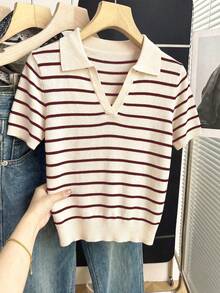 SHEIN 春夏休閒條紋短袖針織上衣 - 紫色 - 查看 5