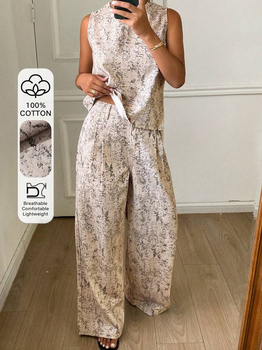 Livesso 女款夏季無袖牛仔背心與印花寬鬆休閒花卉直筒寬腿牛仔褲套裝 - 卡其色 - 查看 1