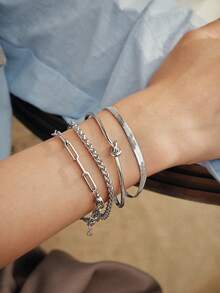 Vandermere 4pcs/Set Stainless Steel Simple Hip Hop Punk Style Chain Bracelet, Unisex, Suitable For Wearing At Music Festivals - Bracelet Set - View 4
