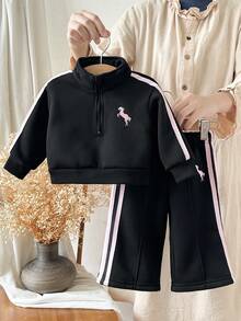 SHEIN Playful Pals 秋冬女嬰粉色運動風刺繡立領拉鍊長袖運動衫套裝，簡約舒適 - 黑色 - 查看 10