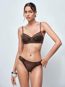Softvol 1 Set Women's Solid Color Lace Comfortable Sexy Lingerie Set - Chocolate Brown - View 3