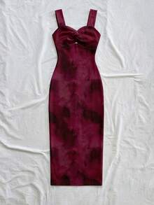 Soleia 女士休闲优雅中长连衣裙，扭结杯型，女士夏季连衣裙，度假装，开衩，扎染，安哥拉红 - 彩色 - 查看 5