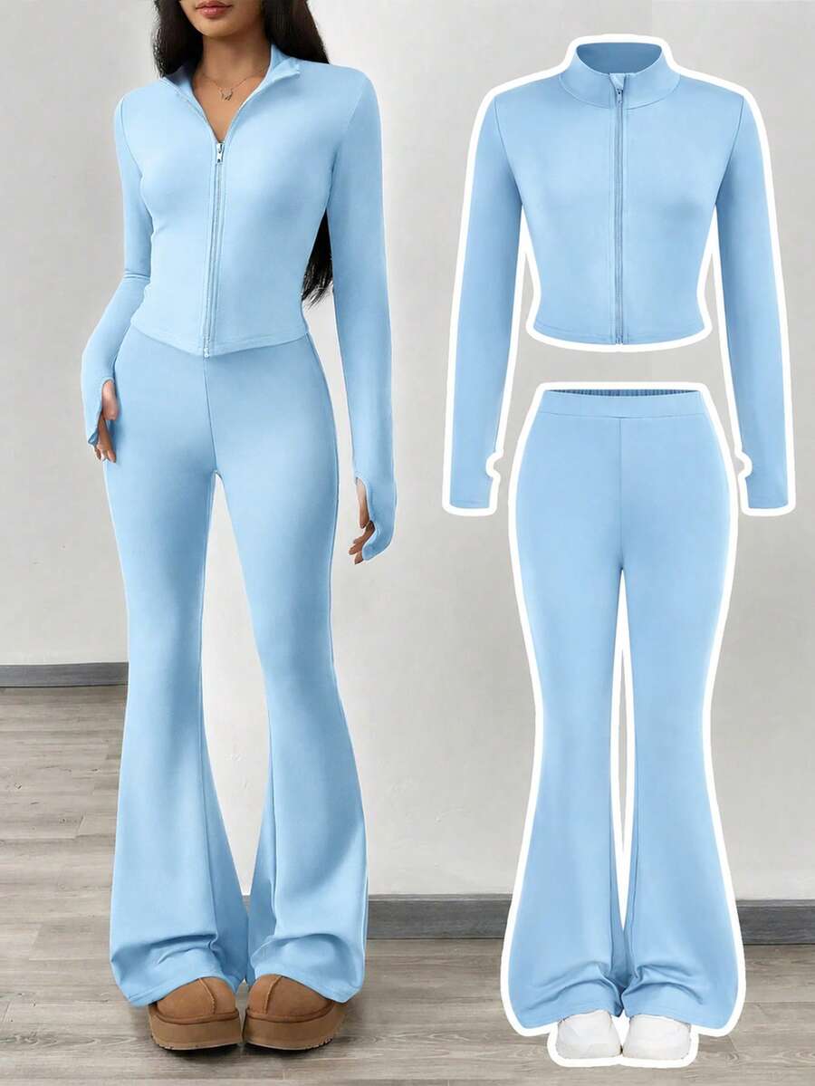 SHEIN Girlism Tween Girl NovaGlow 青少年女孩運動休閒日常針織素色開襟外套與喇叭褲套裝 - 藍色 - 查看 1