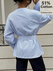 Siren Gaze Women's Striped Metal Decor Casual Versatile Daily Long Sleeve Shirt Elegant - Blue and White - View 3
