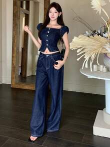 DAZY 夏季水洗藍色開學季優雅牛仔上衣直筒休閒牛仔褲套裝女款牛仔套裝 - 深色水洗藍 - 查看 7