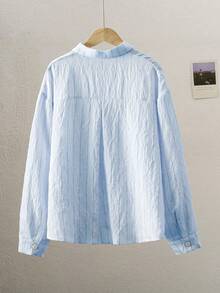 SHEIN 青少年女孩休閒極簡刺繡寬鬆前開鈕扣襯衫 返校季日常穿搭 - 藍色 - 查看 2