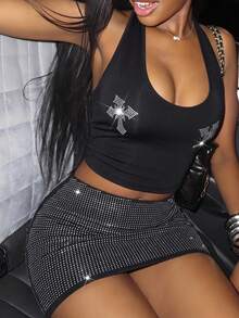 SHEIN SXY 大尺碼十字水鑽裝飾露背掛脖上衣與裙子兩件套 - 黑色 - 查看 2