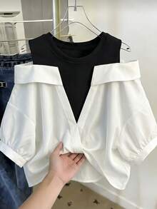 Franclia Casual Loose Round Neck Contrast Color Off-Shoulder Shirt, White And Black Blouse With Short Sleeve, 2 In 1 For Women Daytime Summer - White - View 1