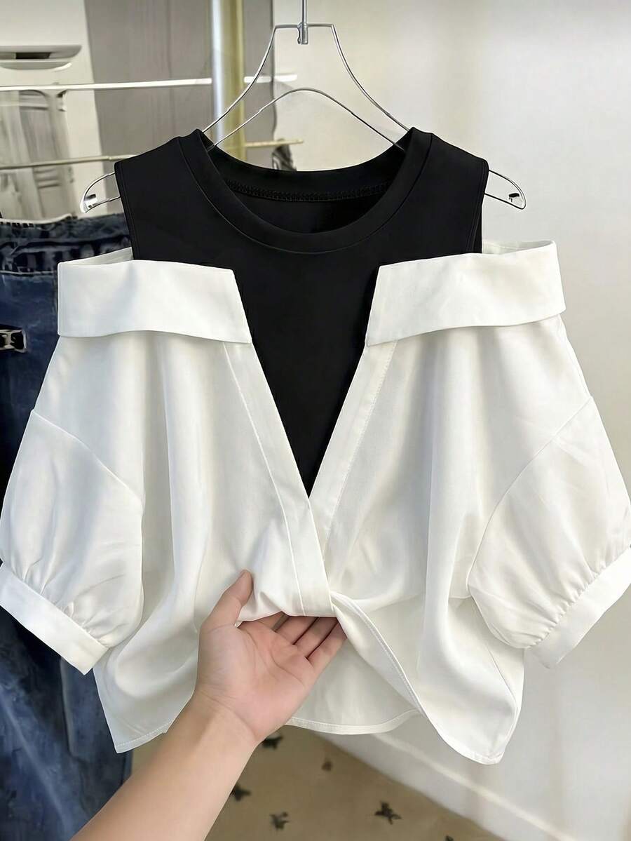Franclia Casual Loose Round Neck Contrast Color Off-Shoulder Shirt, White And Black Blouse With Short Sleeve, 2 In 1 For Women Daytime Summer - White - View 1