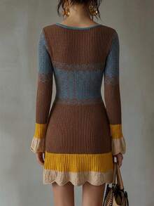 LUMIGAL Vintage Boho V-Neck Colorblock Knit Sweater Dress, Ruffle Hem, Slim Fit Brunch Brown And Blue Autumn - Multicolor - View 2