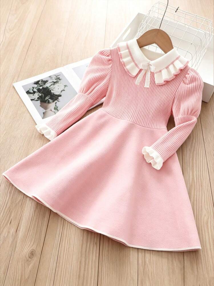 Girls' New Demelin Style Pink Knit Textured Fabric & Pink Woven Fabric Patchwork Dress With Ruffle Peter Pan Collar, White 3D Bow Decoration, Long Sleeves, Soft & Comfortable, Elegant Lady Style, Minimalist Chic, Suitable For Daily Wear, School, Outings, Vacations, Parties, Holidays, Spring, Autumn, Winter - Pink - View 1