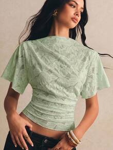 Poéselle Women's Floral Print Ruched Slim Fit Versatile Casual Romantic Elegant T-Shirt Date Night Brunch Sage Green Summer - Green - View 8