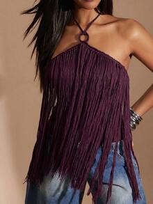 Denimoi Women's Spring/Summer Solid Color Tassel Crochet Sleeveless Knit Top - Purple - View 1