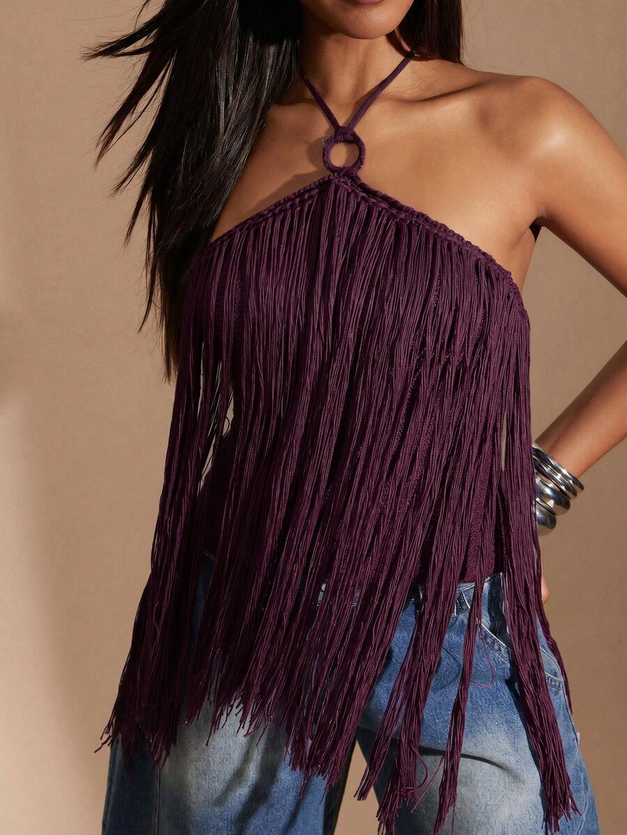 Denimoi Women's Spring/Summer Solid Color Tassel Crochet Sleeveless Knit Top - Purple - View 1