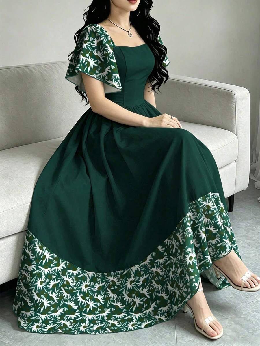 Modelyn Daisy Print Green Shore 女款花卉洋裝,時尚方領短袖洋裝,下擺拼接荷葉邊設計,夏季度假風洋裝 - 彩色 - 查看 1
