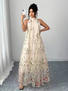 Elenzga Damen Große Größen gewebtes elegantes mintgrünes Kleid mit schwerer Stickerei, Neckholder, Mori-Stil, Mesh-Volumenrock, ärmellos, Feen-Urlaubskleid - Verschiedenfarbig - Übersicht 4