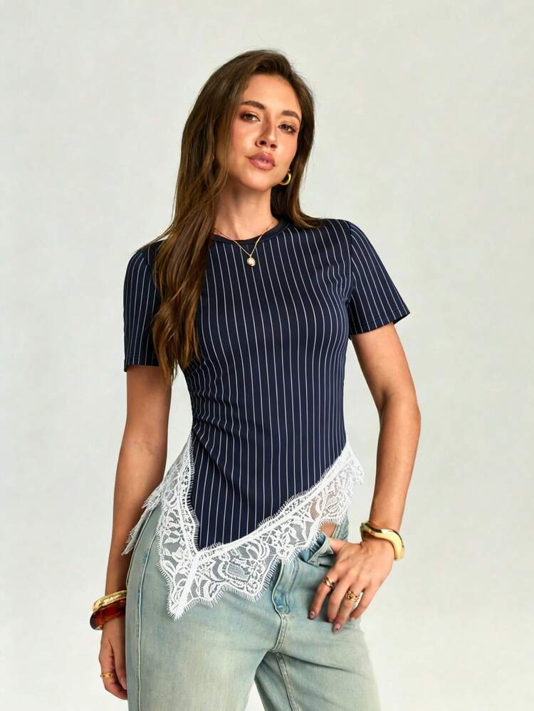 Firerie Women's Minimalist Elegant Daily Navy Blue And White Casual Vacation Commute Fitted T-Shirt Top, Short Sleeve Waist-Cinching Asymmetrical Hem - Navy Blue - View 5