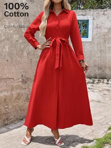 SHEIN Clasi 女款新款優雅襯衫領領結上衣洋裝，綠色洋裝，適合通勤、日常穿著及各種場合 - 紅色 - 查看 1