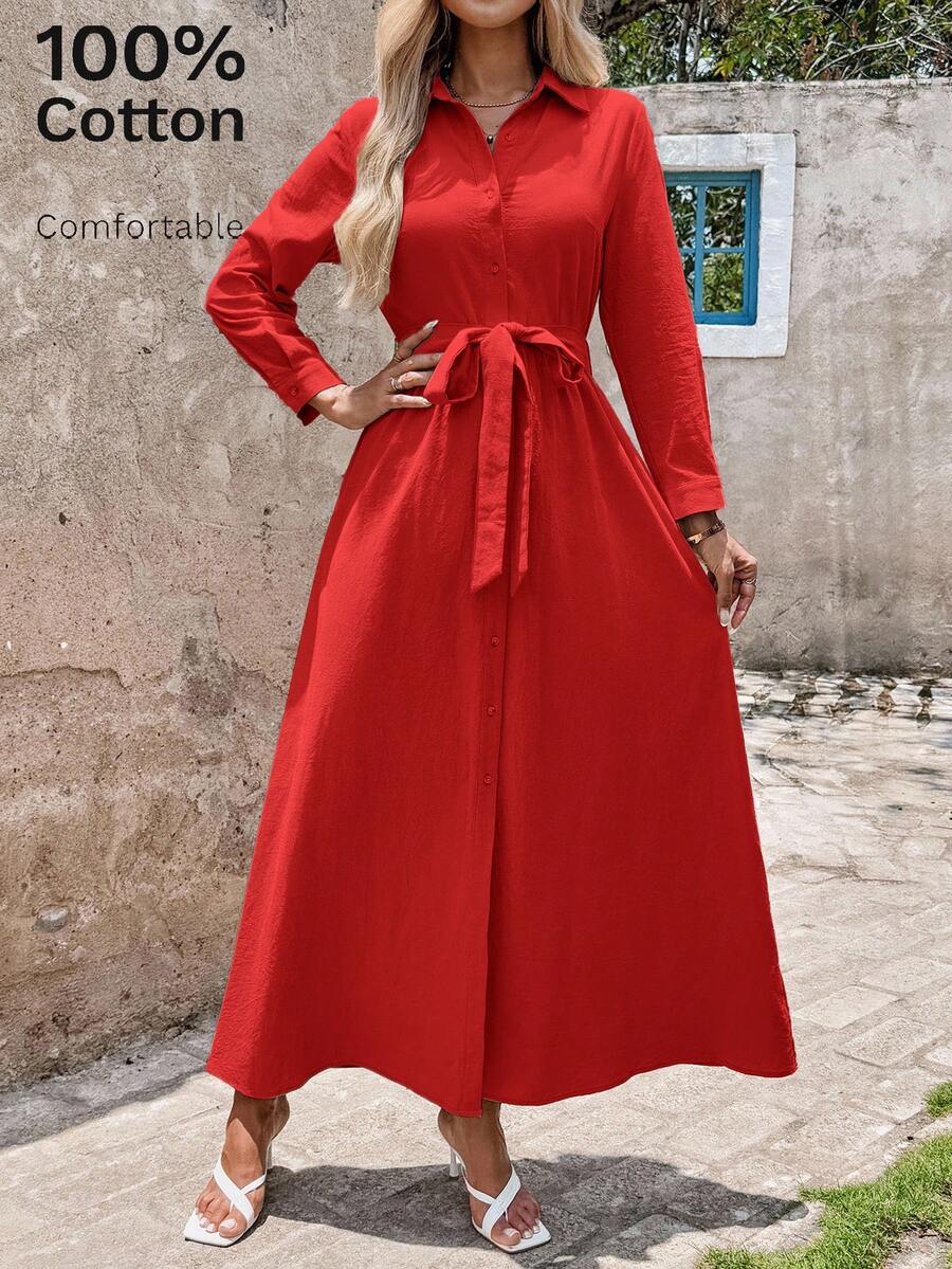 SHEIN Clasi 女款新款優雅襯衫領領結上衣洋裝,綠色洋裝,適合通勤、日常穿著及各種場合 - 紅色 - 查看 1