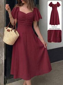 Modelyn Women's Spring/Summer Yellow Woven Short Sleeve Cinched Waist A-Line Burnout Pleated Elegant Romantic Mid-Length Dress - Burgundy - View 6