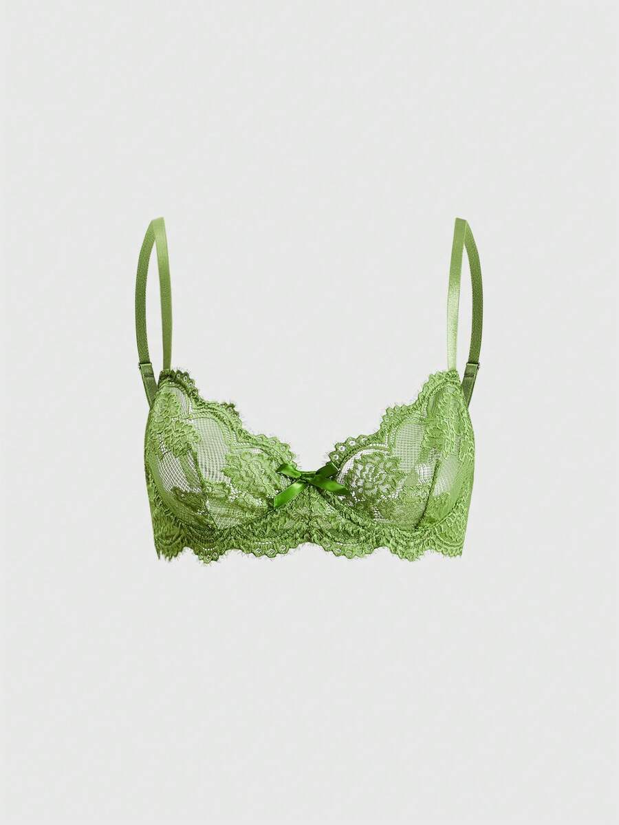 ROMWE Goth Lace Floral Underwire Triangle Cup Bra - Green - View 1