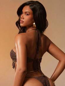 Hauture Crochet Bikini Top With Tassel & Gold Bead Detail - Brown - View 3