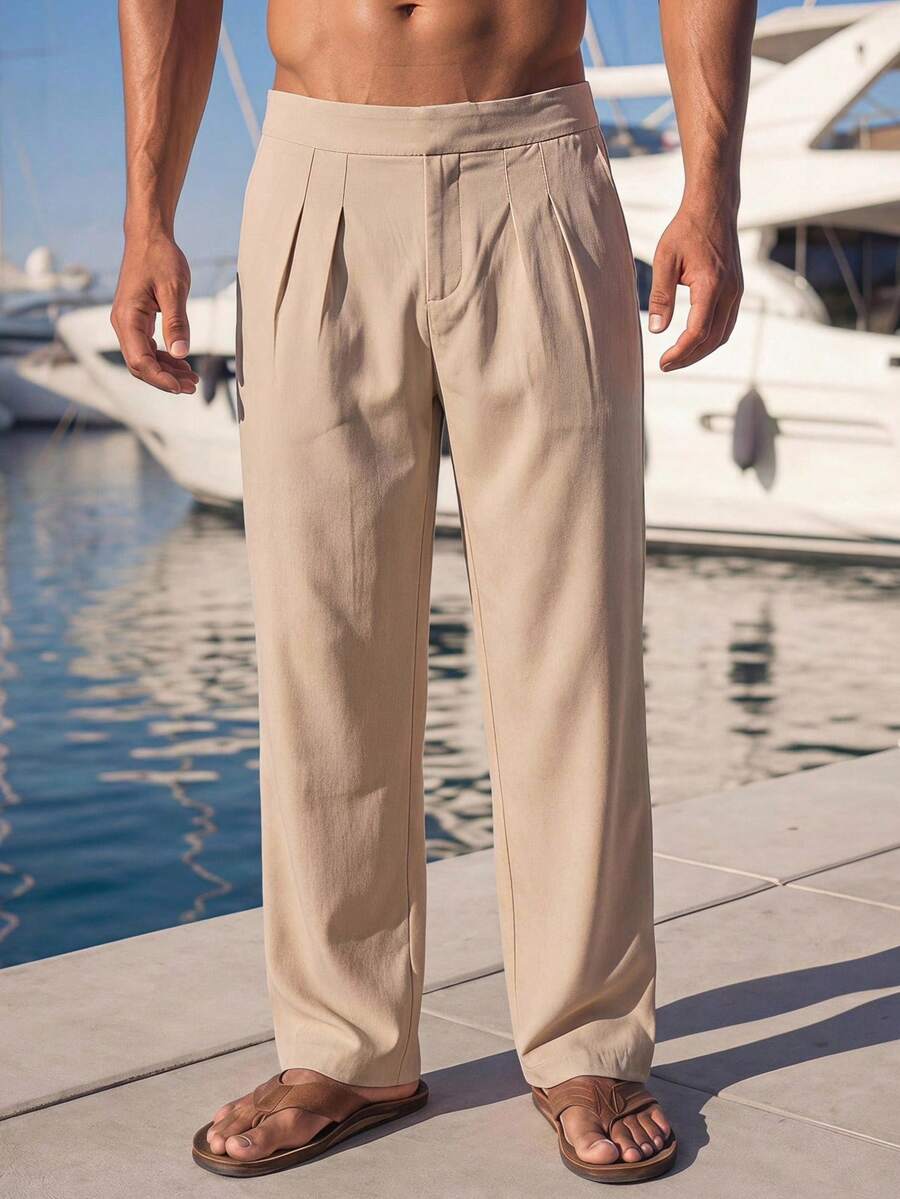 HIMLAND Men's Oatmeal High-Waisted Pleated Wide-Leg Trousers With Clean Front Drape. Structured Flowing Silhouette In Mid-Weight Suiting Blend. Quiet Luxury S - Coffee Brown - View 1