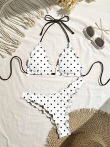 Swim Mod Conjunto de bikini sexy de unicolor con volantes y alta elasticidad para mujer, ideal para vacaciones - Blanco - Ver 1