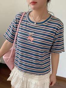 Dazy Plus Plus Size Cherry Embroidery Striped Crew Neck Short Sleeve Fitted Summer T-Shirt Graphic Tee - Blue - View 3