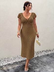 Firerie 大尺碼女款優雅浪漫度假風淺黃色針織長袖飄逸袖洋裝，適合春夏旅行 - 卡其色 - 查看 7