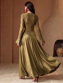 Anewsta Vestido Elegante e Vintage com Gola Redonda, Manga Sino e Bainha Assimétrica para Mulheres, Novo Lançamento Primavera/Verão - Caqui - Visão 2