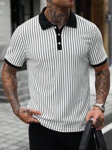 Manfinity CasualCool 男士夏季街頭休閒條紋拼接滾邊 Polo 衫 - 黑與白 - 查看 1