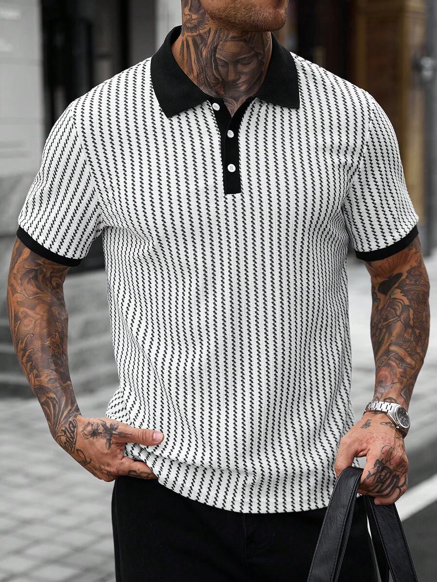 Manfinity CasualCool 男士夏季街頭休閒條紋拼接滾邊 Polo 衫 - 黑與白 - 查看 1