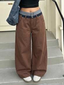 Dazy Plus Fashion Casual Contrast Color Patchwork Waistband 3-Button Decor Loose Straight Leg Long Plus Size Women's Jeans All Season - Brown - View 8