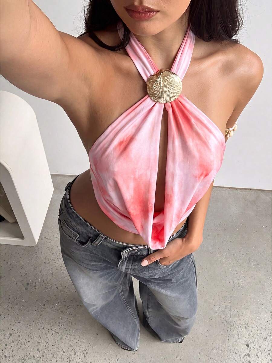 Aloruh 女士性感优雅交叉露背扎染印花交叉无袖上衣