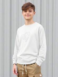 SHEIN Teen Boys Casual Loose Comfortable Versatile Solid Color Embossed Pattern Crew Neck Sweatshirt - White - View 8