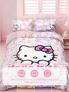 HELLO KITTY AND FRIENDS | SHEIN 3件組粉色完整版卡通圖案蝴蝶結裝飾被套組，卡通角色圖案，柔軟保暖材質，多尺寸適用單人床/雙人床/加大床/特大床，派對、節慶，可愛復古床上用品 - 淺粉色 - 查看 11