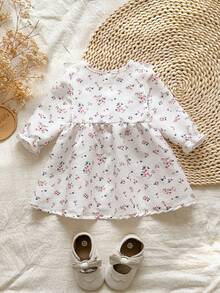 SHEIN Vintaside Kids 新生女嬰純白色圓領荷葉邊卡通櫻桃印花長袖紅色蝴蝶結洋裝，優雅可愛，適合秋季派對拍照 - 彩色 - 查看 2