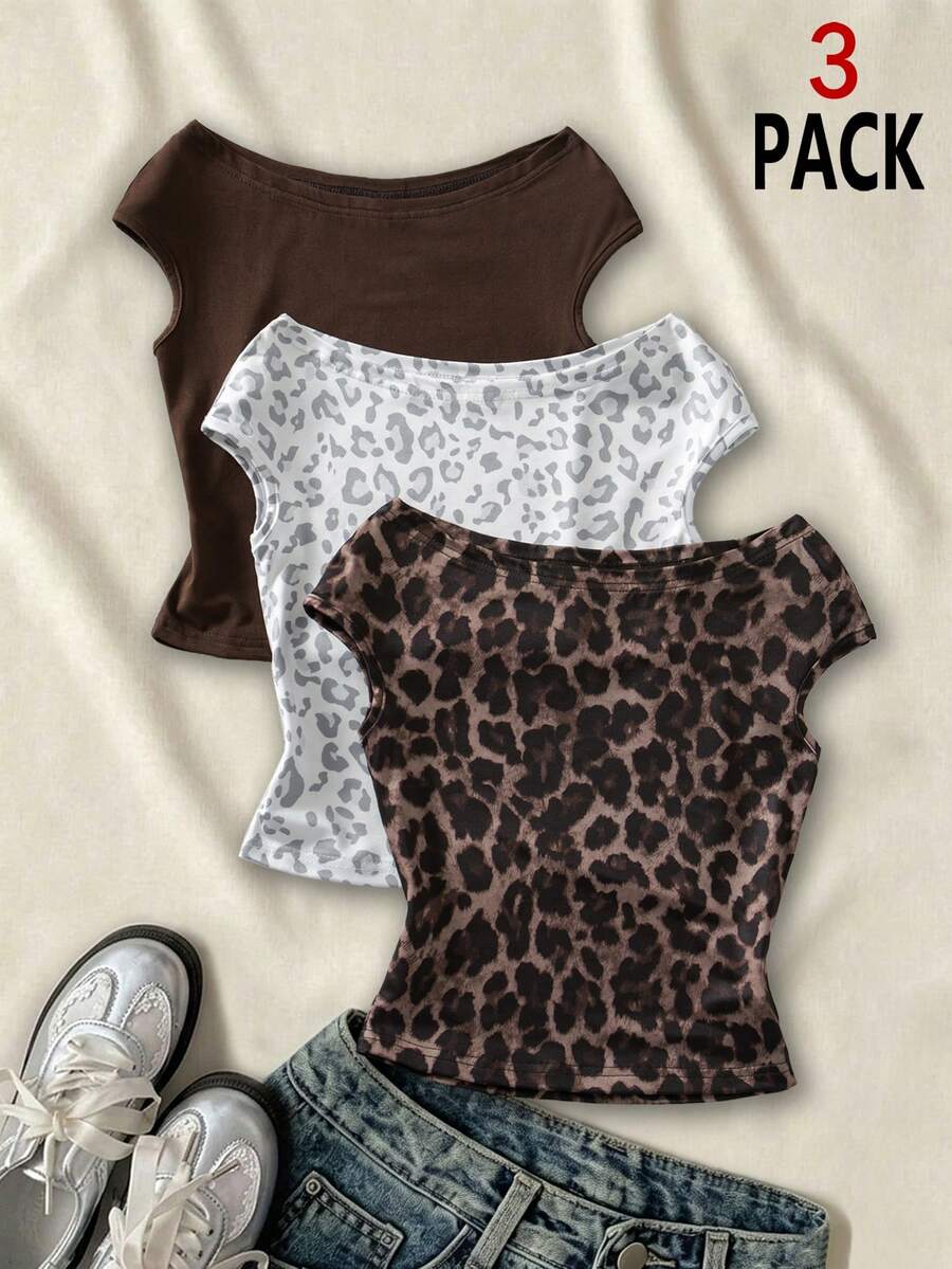 Sparklyn 3pcs/Set Tween Girls Vacation Fitted Off-Shoulder Multi-Color T-Shirts - Multicolor - View 1