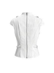 ROMWE Grunge Punk Blusa de mujer gótica con calados y decoración metálica, estilo vintage de nicho a rayas - Blanco - Ver 2