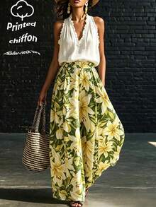 SHEIN Fiorisel 2-delat set för dam med ärmlös topp med halterneck och grön mönstrad midjeformande smal kjol, elegant semester- och festoutfit för vår/sommar - Multifärgad - Visa 1