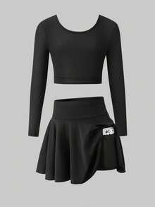 Long Sleeve Square Neck Tween Girl Sports Skirt Set, Ruffle Backless Design, Multi-Layer Criss-Cross Hollow Tie Back, Autumn, Athletic Gym Dance Black - Black - View 4