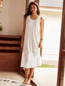 Lullawish Bohemian Comfortable Hollow Contrast Lace Loose Cotton Blend Button Women's Nightgown - White - View 6