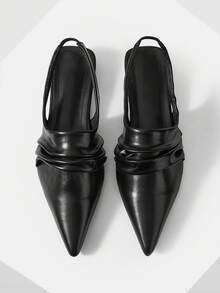 Mnmlis French Pleated Black Pointed Toe Low Slingback Shoes, Retro Rear Strap Versatile Outer Women's Shoes, Spring And Summer Low-Heeled Commuter Women' - Black - View 1